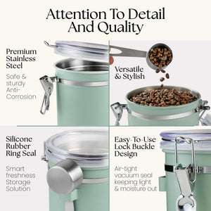 Mixpresso Green Coffee Canister, 16oz Airtight Stainless Steel Kitchen Food Storage Container with Clear Lid and Spoon. for Grounds Coffee, Beans, Tea, Flour, Cereal, Vacuum Sealed Sugar Container