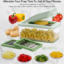 Load image into Gallery viewer, Brieftons QuickPush Food Chopper: Vegetable Dicer Slicer, Onion Cutter, 3 Extra-Large Blades with 200% More Cutting Area to Chop Dice Slice Vegetables, 2.6-Quart Container
