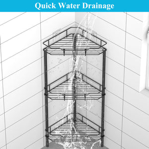 4 Tier Floor Standing Corner Shower Caddy Organizer Shelf with Hooks, Bathroom Shelves Stand Rack, Black