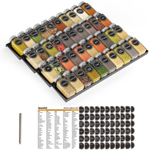SpaceAid Spice Drawer Organizer with 28 Spice Jars, 386 Spice Labels, 4 Tier Seasoning Rack Tray Insert for Kitchen Drawers, 13" Wide x 17.5" Deep