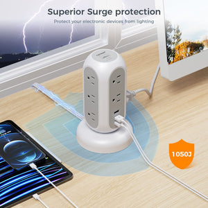 Tower Power Strip Flat Plug with 11 Outlets 3 USB (1 USB C), TESSAN Surge Protector Tower 1625W/13A,1050J Protection, 6 Feet Extension Cord with Multiple Outlets, Office Desk Supplies, Dorm Essentials