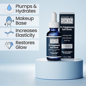 Admire My Skin Organic Polyglutamic Acid Facial Serum - Powerful Hydration & Anti Aging + Hyaluronic Acid + Propolis 1oz