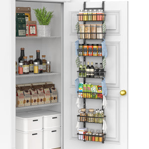Over The Door Pantry Organizer, 7-Tier Metal Pantry Organization and Storage for Kitchen with Adjustable Shelves, Hanging Spice Seasoning Rack, Black