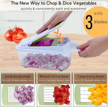 Load image into Gallery viewer, Brieftons QuickPush Food Chopper: Strongest &amp; 200% More Container Capacity, 30% Heavier Duty, For Onion, Fruit and Vegetable Chopping, with 3 Dicer Cutter Blades, Keep-Fresh Lid, and 5 Recipe Ebooks