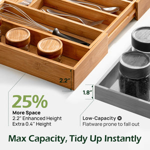 Carbonized Bamboo Kitchen Drawer Organizer, 8-10 Slots Expandable Silverware Organizer, Utensil Holder & Cutlery Tray, 2.2" Deep for Extra Capacity, Non-Slip Feet Included.