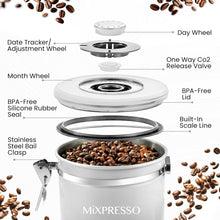 Load image into Gallery viewer, Mixpresso Green Coffee Canister, 16oz Airtight Stainless Steel Kitchen Food Storage Container with Clear Lid and Spoon. for Grounds Coffee, Beans, Tea, Flour, Cereal, Vacuum Sealed Sugar Container