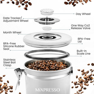 Mixpresso Green Coffee Canister, 16oz Airtight Stainless Steel Kitchen Food Storage Container with Clear Lid and Spoon. for Grounds Coffee, Beans, Tea, Flour, Cereal, Vacuum Sealed Sugar Container
