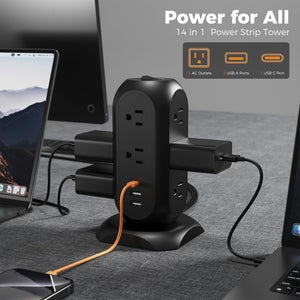 Tower Power Strip Flat Plug with 11 Outlets 3 USB (1 USB C), TESSAN Surge Protector Tower 1625W/13A,1050J Protection, 6 Feet Extension Cord with Multiple Outlets, Office Desk Supplies, Dorm Essentials