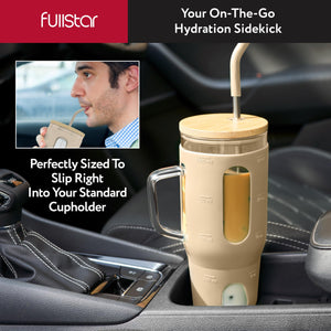 fullstar Glass Cups with Lids and Straws - Drinking Glasses, Glass Tumbler with Straw and Lid, Iced Coffee Cup with Bamboo Lids (Nude, 1 Pack)