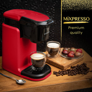 Mixpresso 2 in 1 Coffee Brewer, Single Serve & Personal Coffee Maker, Compact Size Mini, Quick Brew Technology, 14oz Red