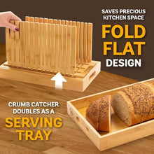 Load image into Gallery viewer, Bread Slicer for Homemade Bread - Bamboo Bread Cutter with Knife, Foldable Slicing Guide, Crumb Tray - Compact Bread Loaf Slicer for Cakes, Bagels, Loaves - Kitchen Gadget &amp; Gifts by Bambüsi