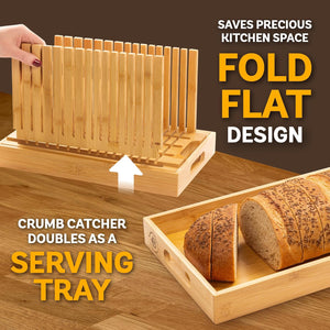 Bread Slicer for Homemade Bread - Bamboo Bread Cutter with Knife, Foldable Slicing Guide, Crumb Tray - Compact Bread Loaf Slicer for Cakes, Bagels, Loaves - Kitchen Gadget & Gifts by Bambüsi