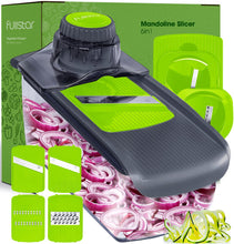 Load image into Gallery viewer, Mandoline Slicer for Kitchen, Fruit Cutter, Cheese Grater, Cucumber Slicer, Veggie Spiralizer, Food Cutter &amp; Kitchen Gadgets with Safety Glove (6 in 1, White)