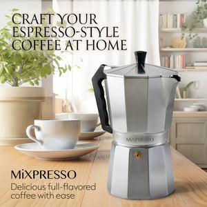 Mixpresso 3 Cup Moka Pot Coffee Maker for Gas, Electric Stove Top, Classic Italian Espresso Maker, Stovetop for Camping, Makes 5 Oz Cuban Coffee