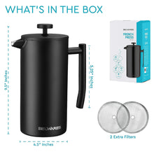 Load image into Gallery viewer, Belwares French Press Coffee Maker 50 OZ - Large Insulated Stainless Steel 304 Coffee Press with Double Wall &amp; 4-Level Filtration System (Black - 1.5L)
