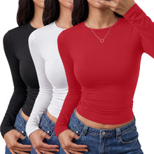 Load image into Gallery viewer, TNNZEET 3 Pack Womens Long Sleeve Shirts Crewneck Basic Fitted Tees Y2K Top | Tight Workout Tops, Slim Fit Plain Tees, Underscrub Casual Shirts women, Going Out Fall Fashion Clothes, Soft Gym Clothing