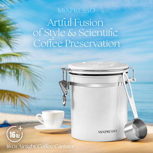 Mixpresso Green Coffee Canister, 16oz Airtight Stainless Steel Kitchen Food Storage Container with Clear Lid and Spoon. for Grounds Coffee, Beans, Tea, Flour, Cereal, Vacuum Sealed Sugar Container