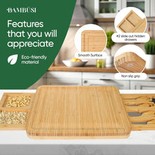 Load image into Gallery viewer, Bambüsi Charcuterie Board Set - Large Bamboo Cheese Board with Storage Drawers, Cheese Knives, Slate Markers &amp; Chalk Pens - Meat Cheese Serving Tray for Parties, Wedding Gift, Housewarming Gifts
