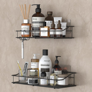 Shower Caddy Shelf Organizer Rack with Hooks, Adhesive Shower Storage for Bathroom - 2 Pack (Silver)