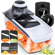 Load image into Gallery viewer, Mandoline Slicer for Kitchen, Fruit Cutter, Cheese Grater, Cucumber Slicer, Veggie Spiralizer, Food Cutter &amp; Kitchen Gadgets with Safety Glove (6 in 1, White)