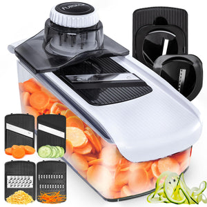Mandoline Slicer for Kitchen, Fruit Cutter, Cheese Grater, Cucumber Slicer, Veggie Spiralizer, Food Cutter & Kitchen Gadgets with Safety Glove (6 in 1, White)