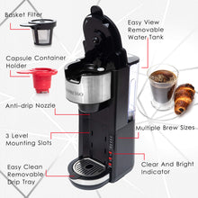 Load image into Gallery viewer, Mixpresso Single Serve Coffee Brewer K-Cup Pods Compatible &amp; Ground Coffee, 30 oz Compact Coffee Maker Single Serve With 5 Brew Sizes Up To 14 Oz, Fits Travel Mug, Adjustable Drip Tray, Black