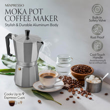 Load image into Gallery viewer, Mixpresso 3 Cup Moka Pot Coffee Maker for Gas, Electric Stove Top, Classic Italian Espresso Maker, Stovetop for Camping, Makes 5 Oz Cuban Coffee