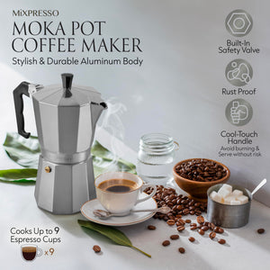 Mixpresso 3 Cup Moka Pot Coffee Maker for Gas, Electric Stove Top, Classic Italian Espresso Maker, Stovetop for Camping, Makes 5 Oz Cuban Coffee