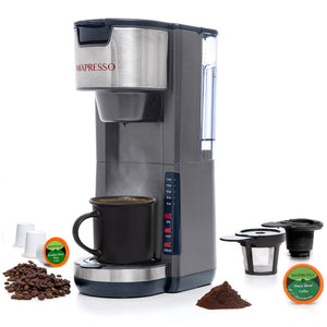 Mixpresso Single Serve Coffee Brewer K-Cup Pods Compatible & Ground Coffee, 30 oz Compact Coffee Maker Single Serve With 5 Brew Sizes Up To 14 Oz, Fits Travel Mug, Adjustable Drip Tray, Black