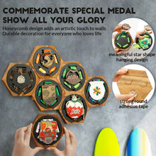 Load image into Gallery viewer, JupDec Medal Hanger Display Honeycomb Holder for Wall, Artistic Showcase Wooden Frame Medal Case with Strong Magnetic Wall-mounted Hexagon Combination Stand, for Sports Marathon Championships, Brown