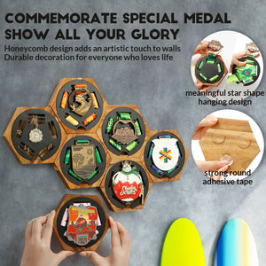 JupDec Medal Hanger Display Honeycomb Holder for Wall, Artistic Showcase Wooden Frame Medal Case with Strong Magnetic Wall-mounted Hexagon Combination Stand, for Sports Marathon Championships, Brown