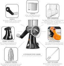 Load image into Gallery viewer, Brieftons 4-Blade Rotary Cheese Grater, Kitchen Food Cutter with Handle, Mandoline Vegetable Slicer, Nut Grinder, Hand Crank Shredder for Cheese, Vegetables, Fruits, Nuts, Easy to Use, Clean &amp; Store