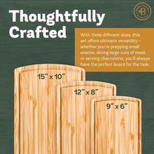 Load image into Gallery viewer, 3-Piece Bamboo Cutting Board Set with Bread Knife - Wood Chopping Boards for Kitchen, Meal Prep, and Baking