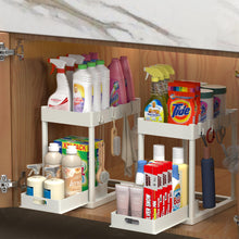 Load image into Gallery viewer, 2PC Under Sink Organizer Rack 2 Tier Under Sliding Cabinet Basket Organizer Drawer with 4 Hooks, Multi-purpose Under Sink Storage for Bathroom Kitchen Desktop（Black）
