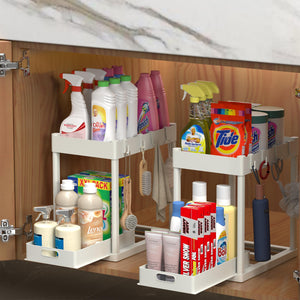 2PC Under Sink Organizer Rack 2 Tier Under Sliding Cabinet Basket Organizer Drawer with 4 Hooks, Multi-purpose Under Sink Storage for Bathroom Kitchen Desktop（Black）