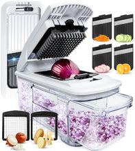 Load image into Gallery viewer, All-in-1 Vegetable Chopper and Mandoline Slicer for Kitchen - Cheese Grater, French Fry Cutter, Cheese Slicer - Bonus Handheld Spiralizer Included (6 in 1, Black/White)