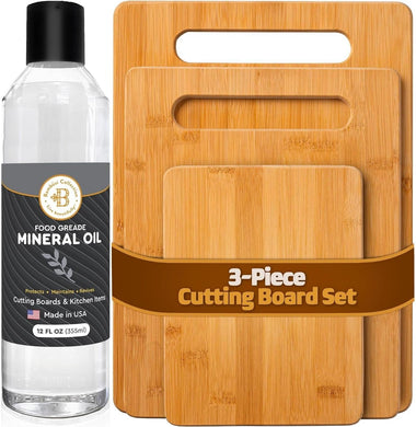 Bamboo Cutting Board Set & Food Grade Mineral Oil – 3-Piece Wooden Cutting Boards for Kitchen, Butcher Block, Cheese Boards & Utensils – Knife-Friendly, Durable, Eco-Friendly, Easy to Clean & Maintain