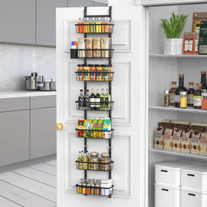 Over The Door Pantry Organizer, 7-Tier Metal Pantry Organization and Storage for Kitchen with Adjustable Shelves, Hanging Spice Seasoning Rack, Black