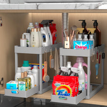 Load image into Gallery viewer, 2PC Under Sink Organizer Rack 2 Tier Under Sliding Cabinet Basket Organizer Drawer with 4 Hooks, Multi-purpose Under Sink Storage for Bathroom Kitchen Desktop（Black）