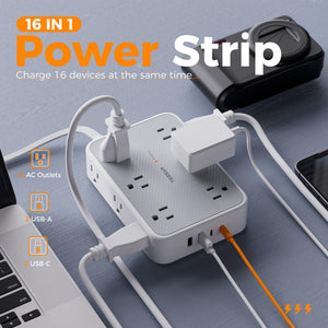 Surge Protector Power Strip, TESSAN 5FT Flat Extension Cord with Multiple Outlets, 12 Outlet Extender with 4 USB (2 USB-C), Flat Plug Power Strip, 1800J Surge Protection, Office, Dorm Essentials