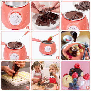 8.45oz Melting Fondue Set,MINI Electric Chocolate Melting Pot,Chocolate Fondue Fountain,Warmer Machine for Milk Chocolate,Cheese,Butter,Candy (Pink)