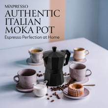 Load image into Gallery viewer, Mixpresso 3 Cup Moka Pot Coffee Maker for Gas, Electric Stove Top, Classic Italian Espresso Maker, Stovetop for Camping, Makes 5 Oz Cuban Coffee