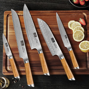 Damascus Kitchen Knife Set 3-Piece, Ultra Sharp 8" Chef Knife, 7" Santoku Knife, 3.75" Paring Knife, Professional VG-10 Damascus Super Steel Chef Knife Set with Ergonomic Handle