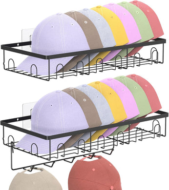 Metal Hat Organizer for Wall, Adhesive or Drill, Hat Rack Storage for Baseball Caps, 2 Ways of Installation, 2 Pack, Black