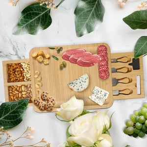 Bambüsi Charcuterie Board Set - Large Bamboo Cheese Board with Storage Drawers, Cheese Knives, Slate Markers & Chalk Pens - Meat Cheese Serving Tray for Parties, Wedding Gift, Housewarming Gifts