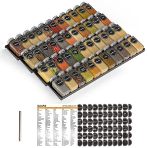 SpaceAid Spice Drawer Organizer with 28 Spice Jars, 386 Spice Labels, 4 Tier Seasoning Rack Tray Insert for Kitchen Drawers, 13" Wide x 17.5" Deep
