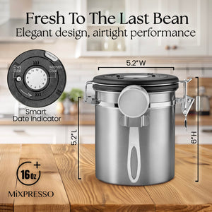 Mixpresso Green Coffee Canister, 16oz Airtight Stainless Steel Kitchen Food Storage Container with Clear Lid and Spoon. for Grounds Coffee, Beans, Tea, Flour, Cereal, Vacuum Sealed Sugar Container