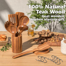 Load image into Gallery viewer, Natural Teak Kitchen Cooking Utensil Set with Holder, Wooden Spoons for Cooking, 10PCS Cooking Spatulas Set with Spoon Rest, Wooden Utensil Set for Nonstick Cookware Sturdy &amp; Lightweight