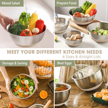 Load image into Gallery viewer, Umite Chef Mixing Bowls with Airtight Lids, 6 piece Stainless Steel Metal Nesting Storage Bowls, Non-Slip Bottoms Size 7, 3.5, 2.5, 2.0,1.5, 1QT, Great for Mixing &amp; Serving (Khaki)