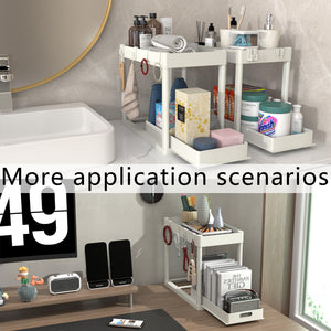 2PC Under Sink Organizer Rack 2 Tier Under Sliding Cabinet Basket Organizer Drawer with 4 Hooks, Multi-purpose Under Sink Storage for Bathroom Kitchen Desktop（Black）